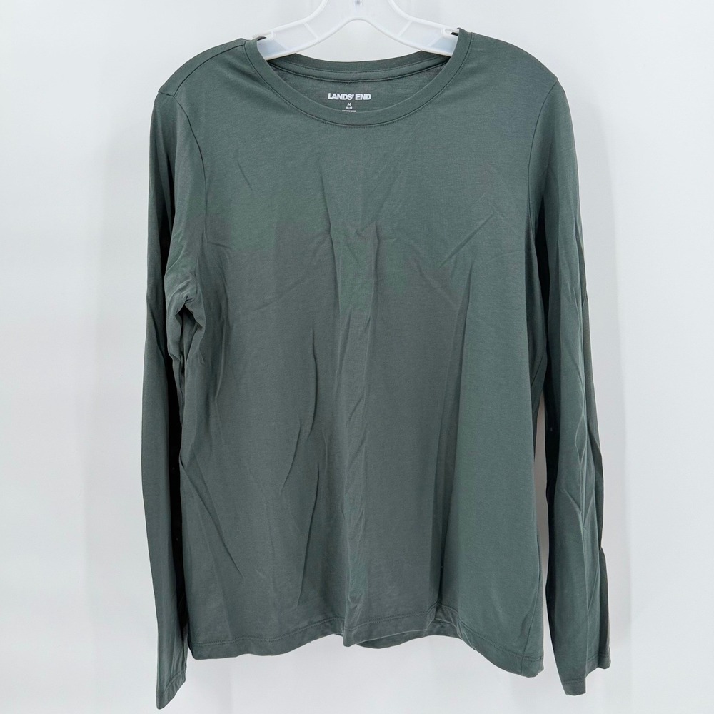 LANDS END Womens Long Sleeve Crew Neck Cotton T-Shirt Forest Green Medium 10-12